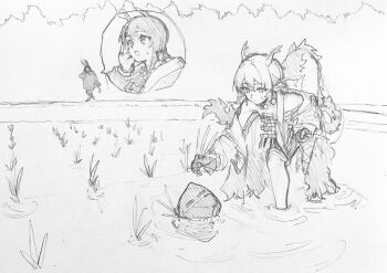 1other 2girls air_bubble amiya_(arknights) arknights bent_over bubble commentary_request day doctor_(arknights) dragon_girl dragon_horns dragon_tail eastern_dragon_horns farming gloves graphite_(medium) greyscale hair_over_shoulder hiding highres holding holding_plant hood hood_up long_hair looking_at_another low_ponytail mask monochrome multiple_girls outdoors partially_submerged plant ponytail rabbit_girl rice_(plant) rice_paddy rice_planting ripples searching senpuki shorts shouting_with_hands shu_(arknights) small_sweatdrop spoken_character tail traditional_media wading water