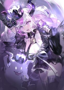 1girl absurdres arm_up black_dress black_gloves black_horns blush breasts cleavage commentary_request crown detached_sleeves dress fingerless_gloves ghost gloves highres horns large_breasts long_hair master_detective_archives:_rain_code multicolored_hair open_mouth pink_eyes pink_hair shinigami_(ghost)_(rain_code) shinigami_(rain_code) smile two-tone_hair very_long_hair white_hair xiagexiagexia