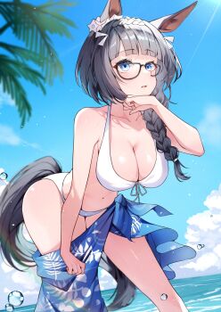 1girl absurdres animal_ears bent_over bikini blue_eyes blue_sarong blue_sky braid cloud commentary_request crown_braid day front-tie_top glasses grey_hair highres horse_ears horse_girl horse_tail long_hair misoni_(mi_so_ni_t) navel outdoors sarong sky solo swimsuit tail umamusume water_drop white_bikini zenno_rob_roy_(umamusume)