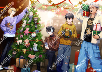 Rule 34 | 4boys, :d, ;d, animal ears, animal slippers, apolleon, arurandeisu, basket, bell, belt, belt buckle, bespectacled, black-framed eyewear, black belt, black gloves, black hair, black pants, black shirt, blonde hair, blue eyes, blue pants, box, brown sweater, buckle, carrying over shoulder, chain, chain necklace, christmas, christmas ornaments, christmas present, christmas tree, christmas wreath, closed mouth, commentary request, copyright notice, crew neck, decorating christmas tree, denim, feet out of frame, gift, gift bag, gift box, glasses, gloves, green eyes, grey hair, hair between eyes, hair slicked back, hiyamaru, holding, holding basket, holding gift, holding ornament, holding stuffed toy, holding wreath, holostars, indoors, jackal boy, jackal ears, jackal tail, jacket, jeans, jewelry, jyako (utsugi uyu), kageyama shien, kishido temma, kotatsu (yatogami fuma), kyomu suzume, long sleeves, looking at viewer, luca (minase rio), male focus, multicolored hair, multiple boys, necklace, nekoyama shien, official art, on one knee, one eye closed, open clothes, open jacket, open mouth, pants, plaid clothes, plaid sweater, pomekorokke, print shirt, purple sweater, rectangular earrings, red-framed eyewear, red ribbon, ribbon, sample watermark, shirt, short hair, slippers, smile, spanner (holostars), standing, star (symbol), stuffed animal, stuffed toy, sweater, torn clothes, torn jeans, torn pants, tree-topper, two-tone hair, undercut, unhinged izuru (kanade izuru), untucked shirt, virtual youtuber, watermark, white hair, white jacket, wooden floor, wreath, yatogami fuma, yellow eyes, yellow sweater, yuuichi (bobobo)