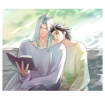 2boys aelys77 aqua_eyes bandaid bandaid_on_cheek bandaid_on_face black_hair book border crisis_core_final_fantasy_vii english_text final_fantasy final_fantasy_vii grey_hair grey_shirt hair_slicked_back holding holding_book leaning_on_object long_hair long_sleeves male_focus medium_hair multiple_boys parted_bangs reading sephiroth shirt upper_body white_border yaoi yellow_shirt zack_fair