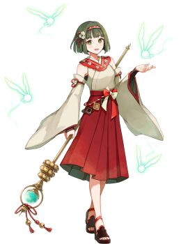 1girl :d bell black_sandals blunt_bangs blunt_ends bob_cut breasts detached_sleeves fairy full_body game_cg green_eyes green_hair hasunosora_fantasy high_heel_sandals holding holding_staff japanese_clothes jingle_bell kagura_suzu kimono layered_sleeves link!_like!_love_live! long_sleeves looking_at_viewer love_live! medium_breasts medium_skirt momose_ginko non-web_source nontraditional_miko official_alternate_costume official_art open_mouth red_skirt sandals short_hair simple_background skirt sleeveless sleeveless_kimono smile solo staff toes transparent_background walking white_kimono wide_sleeves