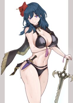 1girl absurdres bikini black_bikini blue_hair breasts cleavage closed_mouth commentary cowboy_shot dagger female_byleth_(fire_emblem) female_byleth_(summer)_(fire_emblem) fire_emblem fire_emblem:_three_houses fire_emblem_heroes flower hair_flower hair_ornament hibiscus highres holding holding_sword holding_weapon knife large_breasts looking_at_viewer navel nintendo planted planted_sword planted_weapon purple_eyes red_flower simple_background smile swimsuit sword sword_of_the_creator thighs weapon white_background yotsuha_uni