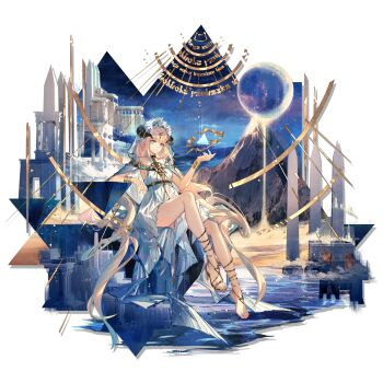 1girl arknights bare_legs bare_shoulders blonde_hair blue_eyes bracelet breasts castle dress full_body gladiator_sandals gold_sandals hand_up headdress highres horns jewelry legs long_hair looking_at_viewer mountain nightingale_(arknights) nightingale_(iakhu_of_flows)_(arknights) official_alternate_costume official_art sandals sitting skade sky small_breasts smile solo thighs toenails toes transparent_background veil very_long_hair water white_dress