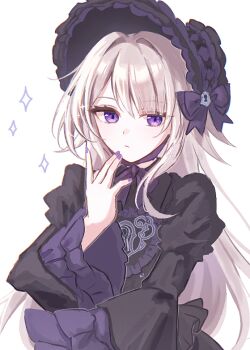 1girl black_dress bonnet bow brown_hair commentary_request dress frills funafu hand_up herta_(honkai:_star_rail) honkai:_star_rail honkai_(series) long_hair official_alternate_costume puffy_sleeves purple_eyes purple_nails ribbon sparkle the_herta_(honkai:_star_rail) the_herta_(tea_break)_(honkai:_star_rail) white_background