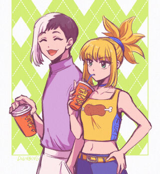 1boy 1girl :3 argyle_background asagiri_gen belt black_hair blonde_hair boned_meat closed_eyes crop_top cup danbingkelp disposable_cup dr._stone drinking drinking_straw food green_eyes hand_in_pocket highres holding holding_cup kohaku_(dr._stone) meat midriff multicolored_hair navel open_mouth pants ponytail shirt smile split-color_hair tank_top two-tone_hair white_hair yellow_tank_top