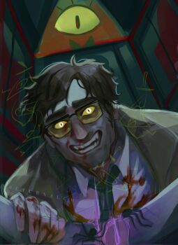 Rule 34 | 1boy, beard stubble, bill cipher, black necktie, blood, blood splatter, brown hair, bug, close-up, coat, collared shirt, colored sclera, commentary, drooling, facial hair, ford pines, glowing, glowing eyes, gravity falls, highres, indoors, looking at viewer, male focus, n0cturnalcm, necktie, saliva, shirt, short hair, slit pupils, spider, stubble, symbol-only commentary, toilet, vomiting, white shirt, yellow coat, yellow sclera