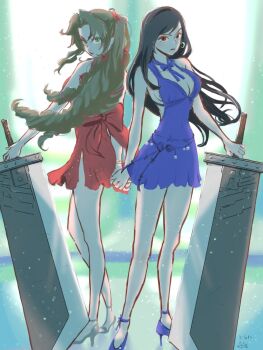 2girls aerith_gainsborough bare_legs bare_shoulders black_hair blue_dress braid braided_ponytail breasts brown_hair buster_sword cleavage commentary_request crescent crescent_earrings dress earrings final_fantasy final_fantasy_vii final_fantasy_vii_remake gold_earrings green_eyes high_heels highres holding holding_hands holding_sword holding_weapon huge_weapon jewelry long_hair looking_at_viewer medium_breasts multiple_girls ninnin5tora official_alternate_costume ponytail red_dress red_eyes short_dress standing sword tifa_lockhart tifa_lockhart_(refined_dress) weapon
