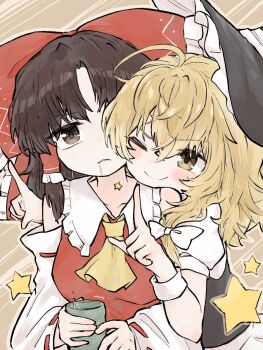 2girls 2gousu ascot black_hat black_vest blonde_hair blush bow breasts brown_eyes brown_hair closed_mouth commentary_request cup detached_sleeves drinking_glass frilled_bow frilled_hair_tubes frills green_tea hair_bow hair_tubes hakurei_reimu hat head_on_another's_shoulder highres holding holding_cup kirisame_marisa long_hair medium_breasts multiple_girls one_eye_closed open_mouth puffy_short_sleeves puffy_sleeves red_bow ribbon-trimmed_sleeves ribbon_trim short_sleeves smile star_(symbol) tea touhou vest white_bow witch_hat yellow_ascot yellow_eyes yunomi