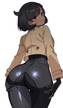 1girl :3 absurdres ass ass_focus black_bodysuit black_hair blush bodysuit brown_jacket emma_(pokemon) from_behind ge7f grabbing_own_ass highres jacket leaning_forward looking_at_viewer looking_back nintendo pokemon pokemon_legends:_z-a purple_eyes short_hair side_ahoge simple_background solo thigh_gap white_background
