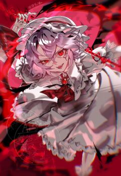 1girl bat_wings blue_hair brooch chayo_bababa collared_dress commentary_request dress fang fingernails highres holding holding_polearm holding_weapon jewelry long_fingernails open_mouth polearm red_background red_eyes red_nails remilia_scarlet smile solo touhou watermark weapon white_dress wings
