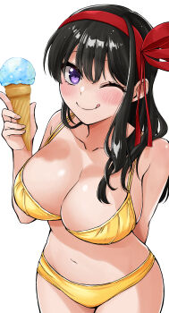 1girl absurdres arm_behind_back bikini black_hair blush breasts closed_mouth collarbone commentary_request cowboy_shot from_above hair_between_eyes hair_over_shoulder hairband hajimete_no_ojou-sama hand_up highres holding holding_ice_cream_cone ice_cream_cone large_breasts licking_lips long_bangs long_hair looking_at_viewer navel ojou_kotone one_eye_closed orange_lili purple_eyes red_hairband simple_background solo standing stomach swimsuit tongue tongue_out white_background wispy_bangs yellow_bikini