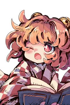 Rule 34 | 1girl, ;o, bell, book, checkered clothes, checkered kimono, commentary request, hair bell, hair ornament, highres, holding, holding book, japanese clothes, jingle bell, kimono, mame komari, motoori kosuzu, one-hour drawing challenge, one eye closed, open book, open mouth, orange hair, red eyes, red kimono, short hair, simple background, solo, touhou, twitter username, upper body, white background, white kimono