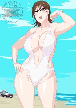 Rule 34 | 1girl, absurdres, avataro sentai donbrothers, beach, bikini, blue eyes, blue sky, breasts, brown hair, cleavage, highres, large breasts, ocean, one-piece swimsuit, otokamu, pin up, sky, sononi, sononi (donbrothers), super sentai, swimsuit