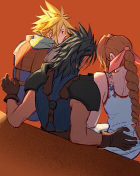 1girl 2boys aerith_gainsborough arm_around_waist armor bare_shoulders black_hair blonde_hair blue_shirt braid braided_ponytail brown_gloves brown_hair camisole chocobowings cloud_strife crisis_core:_final_fantasy_vii derivative_work dress final_fantasy final_fantasy_vii gloves green_scarf group_sex hair_ribbon hair_slicked_back highres long_hair medium_hair multiple_boys orange_background parted_bangs pauldrons pink_camisole pink_ribbon ribbon scarf shinra_infantry_uniform shirt short_hair shoulder_armor sidelocks single_braid sitting sitting_on_lap sitting_on_person sleeveless sleeveless_dress sleeveless_turtleneck spiked_hair sundress suspenders turtleneck upper_body white_dress zack_fair