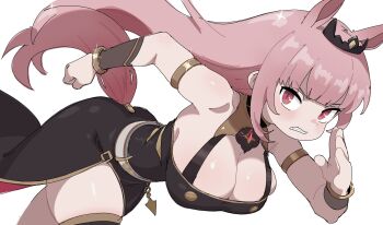 1girl animal_ears armlet bare_shoulders bent_over black_dress blush breasts cleavage clenched_teeth dress fruithead highres hololive hololive_english horse_ears horse_girl horse_tail jewelry kemonomimi_mode large_breasts long_hair mori_calliope mori_calliope_(1st_costume) pink_hair red_eyes running simple_background solo sparkle tail teeth tiara umamusume virtual_youtuber white_background
