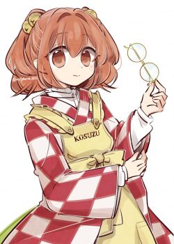 1girl apron closed_mouth commentary glasses hand_up highres holding holding_removed_eyewear japanese_clothes kimono long_sleeves looking_at_viewer medium_hair motoori_kosuzu orange_eyes orange_hair plaid_clothes plaid_kimono round_eyewear shirt smile solo tama_(hiroshige_36) touhou two_side_up unworn_eyewear white_background white_shirt yellow_apron