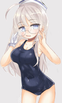 1girl ahoge black_one-piece_swimsuit blue_eyes breasts cowboy_shot dixie_cup_hat glasses gloves gluteal_fold grey_background grey_hair hat heywood_l._edwards_(kancolle) highres kantai_collection large_breasts long_hair mf_u_c military_hat old_school_swimsuit one-piece_swimsuit school_swimsuit simple_background single_glove solo standing swimsuit white_gloves