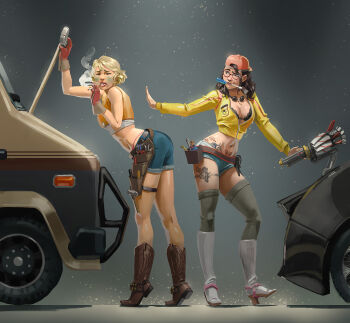 2girls absurdres backwards_hat black_bra black_hair blonde_hair boots bra breasts brown_footwear capcom car cidney_aurum cigarette cleavage cosplay costume_switch cowboy_boots crop_top cropped_jacket crossover denim denim_shorts devil_may_cry_(series) devil_may_cry_5 final_fantasy final_fantasy_xv freckles glasses gloves goggles goggles_around_neck grey_background hammer hat high_heel_boots high_heels highres jacket knee_boots lace lace-trimmed_bra lace_bra lace_trim large_breasts leaning_forward motor_vehicle mouth_hold multiple_girls nico_(devil_may_cry) screwdriver short_shorts shorts sleeveless smile smoke smoking square_enix tattoo thighhighs thighhighs_under_boots thong tiptoes tool_belt tools trait_connection underwear white_footwear zededge