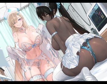 2girls absurdres alternate_costume areola_slip ass ass_cutout ass_focus asuna_(blue_archive) asymmetrical_bangs back bare_shoulders black_hair blonde_hair blue_archive blue_eyes blue_panties blush breasts cleavage clothing_cutout collarbone cross-laced_clothes cross-laced_panties dark-skinned_female dark_skin dishwasher1910 fishnets garter_belt garter_straps gloves grin hair_over_one_eye hat highres huge_ass indoors karin_(blue_archive) large_breasts lingerie long_bangs long_hair looking_at_viewer median_furrow multiple_girls nurse nurse_cap panties patreon_logo patreon_username ponytail revision sitting skindentation smile thick_thighs thighhighs thighs underwear very_dark_skin white_gloves white_panties yellow_eyes