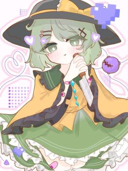 1girl :t anzu_cha709 bandaid black_hat blush blush_stickers bow buttons closed_mouth collared_shirt contrast_collar diamond_button frilled_skirt frilled_sleeves frills green_eyes green_hair green_skirt hair_ornament hairclip hat hat_bow heart heart_hairclip heart_of_string holding holding_knife holding_weapon knife komeiji_koishi long_sleeves looking_at_viewer parted_bangs pixel_heart pout puffy_sleeves shirt short_hair skirt solo subterranean_animism third_eye touhou weapon wide_sleeves x_hair_ornament yami_kawaii yellow_bow yellow_shirt