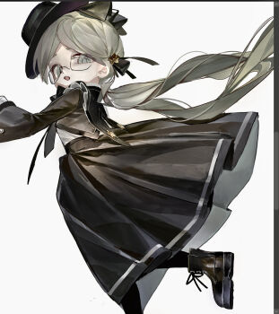 1girl :o black_dress black_hat boots brown_boots dress full_body glasses green_eyes green_hair hashtag-only_commentary hat highres long_hair long_sleeves looking_at_viewer low_twintails made_in_abyss open_mouth parted_bangs riko_(made_in_abyss) simple_background solo twintails whale117666 white_background