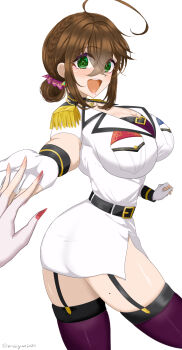 1girl ahoge ass belt black_belt blush bra breast_pocket breasts brown_hair chamumi_(mochiumee) commentary_request cowboy_shot epaulettes female_admiral_(kancolle) fingerless_gloves folded_ponytail garter_belt garter_straps gloves grabbing_another's_hand green_eyes hair_between_eyes highres jacket kantai_collection kneehighs large_breasts looking_at_viewer military_jacket military_uniform miniskirt mole mole_on_breast mole_on_thigh mole_under_mouth open_mouth pencil_skirt pleated_skirt pocket short_sleeves simple_background skirt smile socks solo thighs underwear white_background white_gloves white_jacket white_skirt