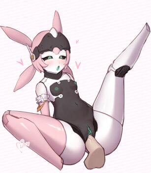 1boy 1girl absurdres arm_garter black_sclera blush breasts colored_nipples colored_pussy colored_sclera colored_tongue dashed_eyes diagonal-striped_background disembodied_penis dot_nose frills full_body green_eyes green_nipples green_pussy green_tongue heart hetero highres interspecies joints leaning_back leg_lift legs_folded lovdere loving_aura navel nipples open_mouth pear-shaped_figure penis pink_background pink_hair pussy quad_tails robot_ears robot_girl robot_joints sex simple_background small_breasts solo_focus spread_legs striped_background testicles thighs uncensored vaginal veins veiny_penis yutane_johiel zenless_zone_zero