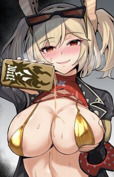 1girl absurdres areola_slip bikini black_gloves black_jacket blonde_hair blush breasts burnice_white commentary_request drink_carton eyewear_on_head fingerless_gloves gloves gold_bikini grabbing_own_breast highres holding holding_juice_box jacket juice_box katsuragi_nantoka large_breasts parted_lips pouring pouring_onto_self red_eyes short_hair solo sunglasses swimsuit twintails upper_body zenless_zone_zero