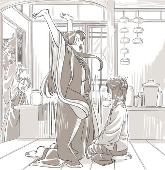 1girl 3boys absurdres architecture barefoot chinese_clothes clenched_hand closed_eyes dangomochi2 east_asian_architecture furrowed_brow gaoshun_(kusuriya_no_hitorigoto) hair_ribbon half_updo hands_up hat highres jinshi_(kusuriya_no_hitorigoto) kneeling kusuriya_no_hitorigoto maomao_(kusuriya_no_hitorigoto) multiple_boys open_mouth parted_bangs ribbon sepia shouting sidelocks sitting smile sweatdrop wide_sleeves