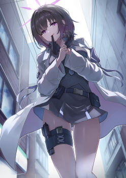 absurdres armband black_gloves blue_archive blue_armband blue_necktie brown_hair cha_seiga coat commentary glove_in_mouth gloves grey_shirt grey_skirt hair_between_eyes halo highres holster lab_coat medium_hair mouth_hold necktie purple_eyes purple_halo shirt skirt subaru_(blue_archive) thigh_holster thighs white_coat