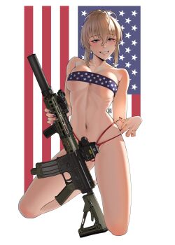 Rule 34 | 1girl, aac honey badger, absurdres, ahoge, american flag, american flag bikini, american flag print, bikini, blonde hair, breast suppress, breasts, flag print, flag print bikini, gun, highres, holding, holding gun, holding weapon, kneeling, nail polish, navel, original, print bikini, puto trash, ribs, suppressor, swimsuit, weapon