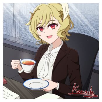 1girl alternate_costume blonde_hair breasts citrinne_(fire_emblem) cup earrings fire_emblem fire_emblem_engage hair_ornament highres holding holding_cup hoop_earrings indoors jewelry kanade20207 looking_at_viewer medium_breasts nintendo open_mouth red_eyes solo teacup wing_hair_ornament