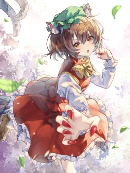 1girl animal_ear_piercing animal_ears bow brown_hair cat_ears cat_tail chen commentary_request earrings frilled_skirt frills green_hat hair_between_eyes hat highres jewelry leaf long_sleeves looking_at_viewer mob_cap multiple_tails nail_polish nanop38 nekomata open_mouth red_nails red_skirt red_vest short_hair sidelocks single_earring skirt solo tail touhou two_tails vest yellow_bow