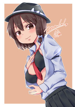 1girl bikini black_bikini black_hat black_skirt blush border bow brown_background brown_eyes brown_hair collared_shirt commentary_request cowboy_shot dated dress_shirt dutch_angle fedora hair_bow hand_on_own_chest hat hat_bow highres long_sleeves looking_at_viewer medium_hair necktie open_clothes open_shirt outline paid_reward_available red_necktie shirt shirt_tucked_in signature skirt smile solo suzu_keika swimsuit touhou usami_renko white_border white_bow white_outline white_shirt