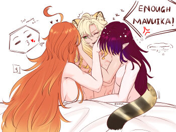 3girls absurdres ahoge ankie_(ankys_) bite_mark bite_mark_on_breast blonde_hair breasts chasca_(genshin_impact) commentary english_commentary english_text fff_threesome genshin_impact girl_sandwich green_eyes group_sex hickey highres jaguar_girl large_breasts long_hair mavuika_(genshin_impact) morning multiple_girls nude pointy_ears puckered_lips purple_hair red_hair sandwiched speech_bubble threesome twitter_username under_covers xilonen_(genshin_impact) yuri zzz