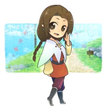 1girl arm_up boots braid brown_eyes brown_hair capelet copyright_name earrings english_text female_focus jewelry long_hair looking_back maora_oto maora_otou nintendo orielle pants path pointy_ears road sign skirt smile solo the_legend_of_zelda the_legend_of_zelda:_skyward_sword waving