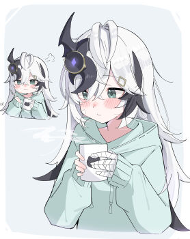 1girl absurdres bandage_on_face bandaged_arm bandages black_hair blush closed_mouth commentary cosette_(stella_sora) cup green_eyes green_hoodie grey_background hair_between_eyes hair_ornament highres holding holding_cup hood hoodie long_hair long_sleeves mug multicolored_hair multiple_views official_alternate_costume ponzu_purin puff_of_air smile steaming_cup stella_sora streaked_hair upper_body white_hair