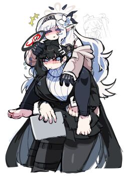 3girls aris_(blue_archive) barefoot black_gloves black_hair black_halo black_jacket black_pants black_thighhighs blue_archive blush brown_jacket chibi chibi_inset embarrassed emerald_kitty flower flying_sweatdrops gloves hair_flower hair_ornament halo headband highres himari_(blue_archive) holding holding_another&#039;s_hair holding_tablet_pc jacket lifting_person millennium_science_school_logo multicolored_eyes multiple_girls pants purple_eyes red_eyes rio_(blue_archive) simple_background sleeves_past_wrists straight_hair sweater tablet_pc teeth thick_thighs thigh_strap thighhighs thighs upper_teeth_only white_hair white_sweater