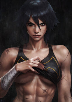 1girl absurdres batman_(series) black_hair black_nails breasts cassandra_cain clothes_lift collarbone dc_comics facial_scar highres large_breasts looking_at_viewer monori_rogue multiple_scars muscular muscular_female paid_reward_available scar scar_on_arm scar_on_breasts scar_on_cheek scar_on_chest scar_on_face scar_on_lip scar_on_stomach scars_all_over shirt_lift short_hair solo tank_top too_many underboob wrist_wrap