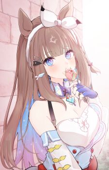 +_+ 1girl almond_eye_(umamusume) animal_ears blue_eyes blue_gloves blush bow bow_hairband braid braided_sidelocks breasts brick_wall brown_hair cleavage colored_inner_hair commentary_request detached_sleeves dress fingerless_gloves flower gloves hair_between_eyes hair_ornament hairband hairclip highres holding holding_flower horse_ears horse_girl long_hair looking_at_viewer medium_breasts multicolored_hair pof_(peuplierpof) solo symbol-shaped_pupils umamusume upper_body white_hairband x-shaped_pupils