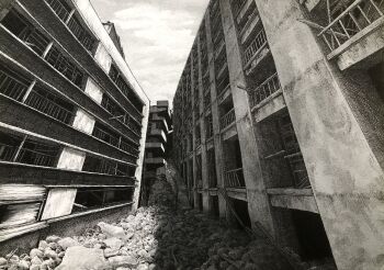 abandoned alley building commentary crosshatching greyscale hashima_island hatching_(texture) highres ibsukionsen monochrome no_humans original railing real_world_location rubble scenery sky stairs vanishing_point