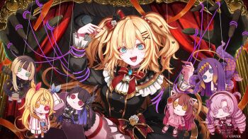 2girls :d akai_haato akai_haato_(gothic_lolita) aqua_eyes black_capelet black_dress black_thighhighs blonde_hair bow bowtie buttons capelet commentary_request copyright_notice double-breasted dress frilled_capelet frills gothic_lolita hair_between_eyes hair_bow hair_ornament hairclip heart heart_hair_ornament highres hololive hololive_dev_is hololive_english hoshikawa_sara hoshikawa_sara_(1st_costume) hyakumantenbara_salome hyakumantenbara_salome_(1st_costume) juufuutei_raden juufuutei_raden_(1st_costume) layered_dress lolita_fashion long_hair long_sleeves looking_at_viewer multiple_girls nakauma nerissa_ravencroft nerissa_ravencroft_(1st_costume) nijisanji ninomae_ina&#039;nis ninomae_ina&#039;nis_(1st_costume) official_alternate_costume official_alternate_hairstyle official_art open_mouth parallel_hairclips puppet puppet_strings red_bow red_bowtie roboco-san roboco-san_(hoodie) short_dress sitting smile solo_focus teeth thigh_strap thighhighs two_side_up upper_teeth_only very_long_hair virtual_youtuber x_hair_ornament