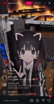 1boy 1girl black_hair black_necktie blood blood_on_face building car chat_log drawn_ears drawn_whiskers empty_eyes english_text expressionless fire flamethrower gradient_hair grey_eyes hand_up highres holding holding_flamethrower holding_weapon infektionary livestream looking_at_viewer loose_necktie motor_vehicle multicolored_hair necktie original outdoors parking_lot police_car recording red_hair selfie shirt solo_focus the_boring_company the_boring_company_not-a-flamethrower twintails upper_body v weapon white_shirt wing_collar