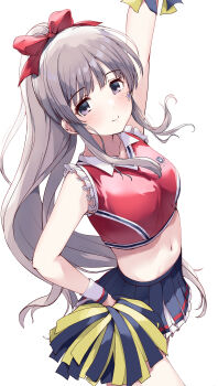 1girl absurdres arm_up black_skirt blush bow breasts cheerleader closed_mouth collarbone commentary_request crop_top facial_mark grey_eyes grey_hair hair_bow hand_on_own_hip highres idolmaster idolmaster_shiny_colors kuroba_aki long_hair looking_at_viewer medium_breasts midriff navel pleated_skirt pom_pom_(cheerleading) ponytail red_bow red_shirt shirt simple_background skirt sleeveless sleeveless_shirt smile solo star_(symbol) very_long_hair white_background wrist_cuffs yukoku_kiriko