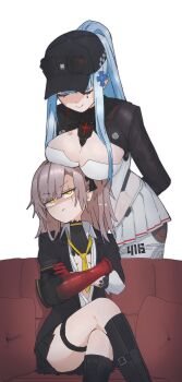 Rule 34 | 2girls, absurdres, annoyed, arms behind back, baseball cap, black boots, black hat, black jacket, blue hair, boots, breast envy, breast rest, breasts, breasts on head, cleavage, closed eyes, crossed arms, dot nose, facial mark, girls' frontline, girls' frontline 2: exilium, grey hair, hair ornament, hat, highres, hk416 (girls' frontline), jacket, klukai (girls' frontline 2), klukai (speed star) (girls' frontline 2), large breasts, leaning forward, leva (girls' frontline 2), long hair, mechanical arms, multiple girls, necktie, one side up, ponytail, rishe (reeeeshe), scar, scar across eye, scar on face, shirt, single mechanical arm, smile, smug, tattoo, teardrop facial mark, teasing, thigh strap, transparent background, ump45 (girls' frontline), unamused, white shirt, yellow eyes, yellow necktie