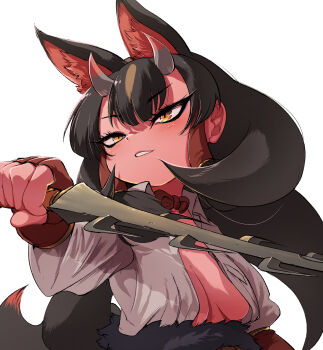 1girl animal_ears black_hair breasts choker cleavage colored_skin extra_ears fingerless_gloves fox_ears fox_girl fox_tail gloves highres holding holding_sword holding_weapon horns kemono_friends kinkaku_(kemono_friends) large_breasts long_hair looking_at_viewer mcgunngu red_skin shirt simple_background solo sword tail upper_body weapon white_shirt yellow_eyes