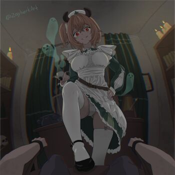 1girl animal_ears apron belt breasts brown_hair chair garter_straps grin hat highres indie_virtual_youtuber looking_at_viewer mary_janes medium_breasts medium_hair nimi_nightmare nimi_nightmare_(1st_costume) nurse_cap panties pantyshot phone red_eyes shoes side_ponytail smile solo_focus tapir_ears thighhighs underwear virtual_youtuber white_panties zayberk