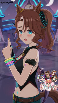 5girls absurdres agnes_digital_(lovely_jiangshi)_(umamusume) agnes_digital_(umamusume) animal_ears bare_shoulders belt belt_buckle black_vest blue_eyes blue_nails blue_pants blush breasts brown_belt brown_hair brown_wings buckle chokin_tsucho cleavage commentary_request crying daitaku_helios_(sunshine_angel)_(umamusume) daitaku_helios_(umamusume) fang finger_touching groin hair_between_eyes hands_up highres horns horse_ears horse_girl horse_tail low_twintails medium_breasts meisho_doto_(dot-o&#039;-lantern)_(umamusume) meisho_doto_(umamusume) mejiro_palmer_(devil_in_the_moonlight)_(umamusume) mejiro_palmer_(umamusume) multicolored_hair multicolored_nails multiple_girls nail_polish open_mouth orange_nails pants parted_bangs pink_hair ponytail purple_eyes shinko_windy_(burst_out!_the_demon_king&#039;s_army_of_terror)_(umamusume) shinko_windy_(umamusume) small_sweatdrop star_(symbol) streaked_hair streaming_tears sweat tail tears twintails twitter_username umamusume vest white_hair wings