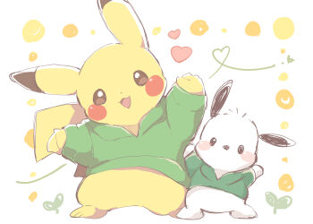 animal arms_up bright_pupils chiko_(chi_p_71) clothed_animal clothed_pokemon crossover gen_1_pokemon green_hoodie heart highres hood hoodie nintendo no_humans open_mouth pikachu pochacco pokemon pokemon_(creature) sanrio simple_background standing white_background white_pupils